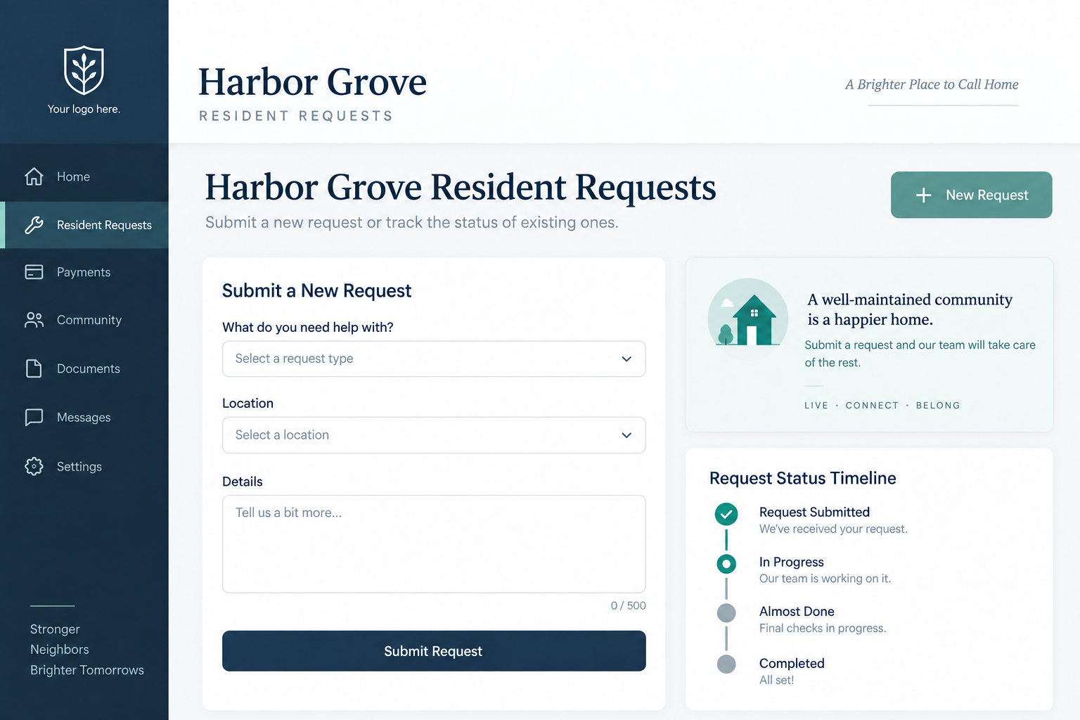 Property-branded resident requester experience with a community logo placeholder