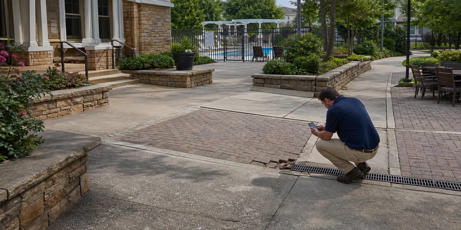 Inspector documenting a shared clubhouse pool-deck hardscape condition