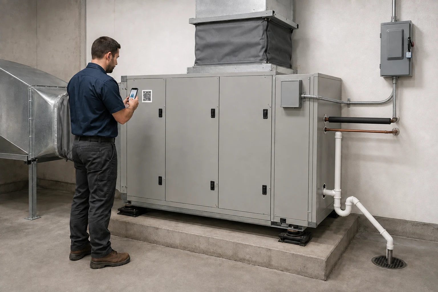 HVAC technician scanning the asset label on a single commercial air handler