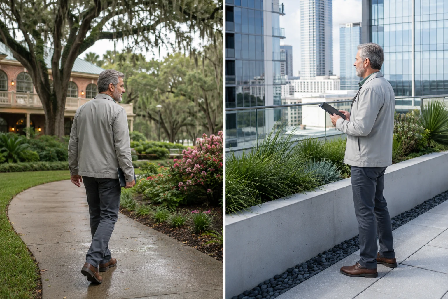 Property operations professional reviewing landscaped grounds and a high-rise amenity terrace