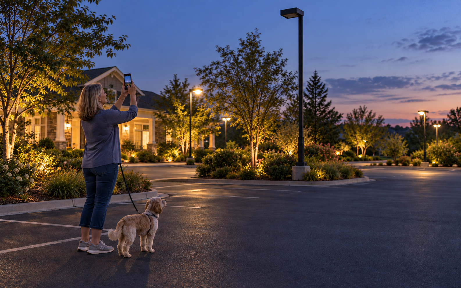 Resident using her phone to report an unlit parking-lot pole while walking her dog at twilight